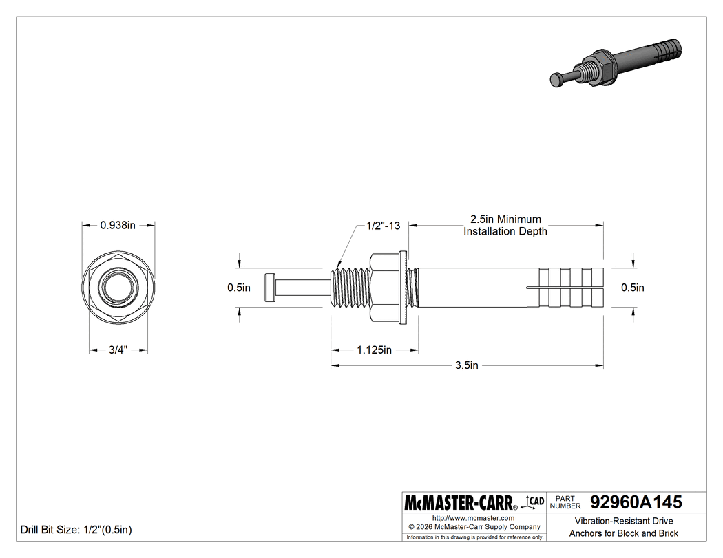 Technical Drawing of Vibration-Resistant Drive Anchors for Block and Brick, 1/2" Diameter, 3-1/2" Long.